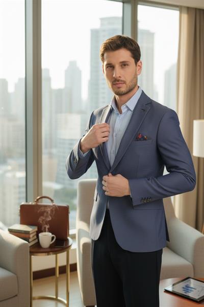 Agabio Erkek Lacivert Kendinden Desenli Slim Fit Mono Yaka Spor Blazer Ceket