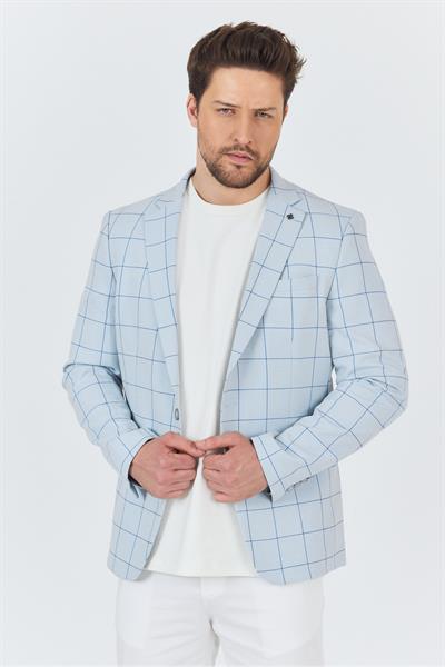 Aldano Erkek Bebe Mavisi Ekose Kareli Polyviskon Kumaş Slim Fit Spor Blazer Ceket