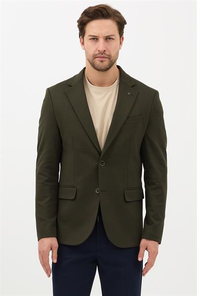 Alfonso Erkek Haki Pamuklu Likralı Slim Fit Örme Esneyen Mono Yaka Spor Blazer Ceket
