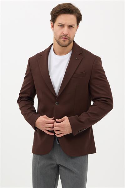 Alfonso Erkek Kahve Pamuklu Likralı Slim Fit Örme Esneyen Mono Yaka Spor Blazer Ceket
