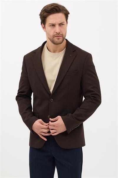 Alfonso Erkek Koyu Kahve Pamuklu Likralı Slim Fit Örme Esneyen Mono Yaka Spor Blazer Ceket