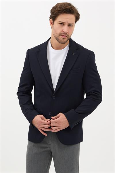 Alfonso Erkek Koyu Lacivert Pamuklu Likralı Slim Fit Örme Esneyen Mono Yaka Spor Blazer Ceket