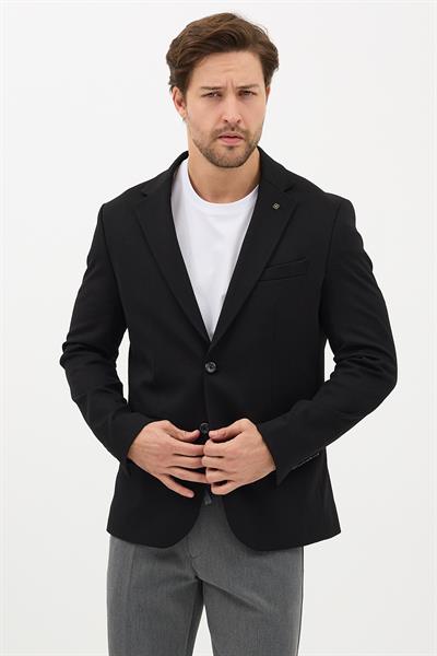 Alfonso Erkek Siyah Pamuklu Likralı Slim Fit Örme Esneyen Mono Yaka Spor Blazer Ceket