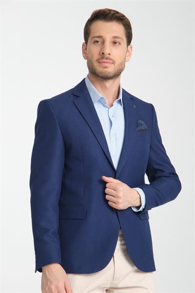 Alfredo Erkek İndigo Mono Yaka Keten Desenli Slim Fit Spor Blazer Ceket