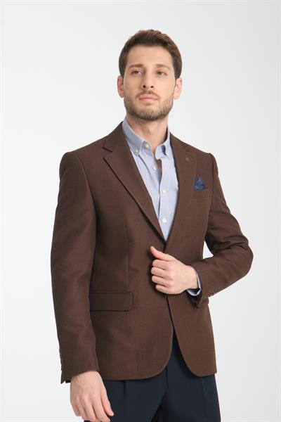 Alfredo Erkek Kahve Mono Yaka Keten Desenli Slim Fit Spor Blazer Ceket