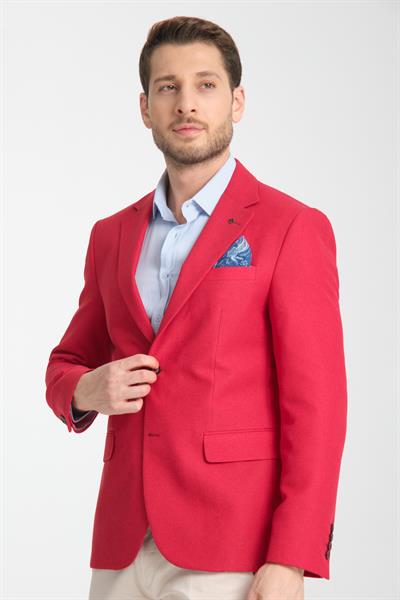 Alfredo Erkek Kırmızı Mono Yaka Keten Desenli Slim Fit Spor Blazer Ceket