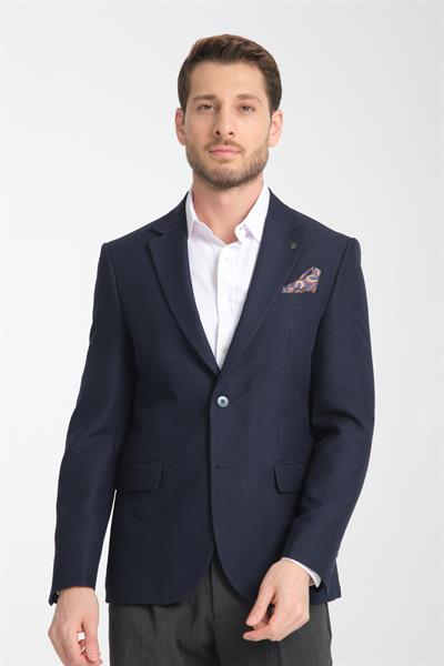 Alfredo Erkek Lacivert Mono Yaka Keten Desenli Slim Fit Spor Blazer Ceket