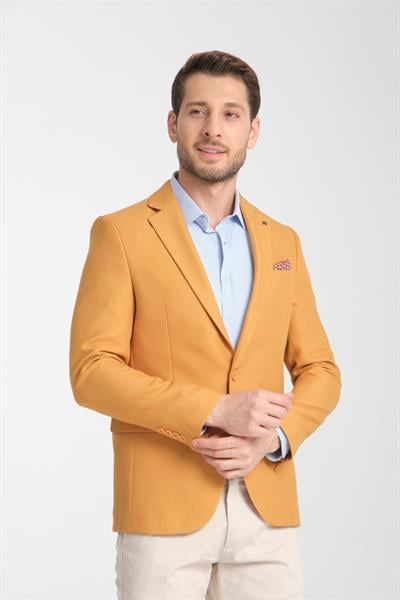 Alfredo Erkek Sarı Mono Yaka Keten Desenli Slim Fit Spor Blazer Ceket