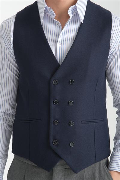 Alfredo Koyu Lacivert Hasır Kumaşlı Basic Kruvaze V Yaka Slim Fit Yelek