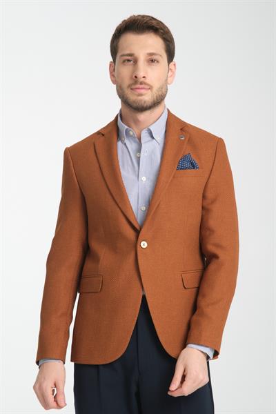 Allegrie Erkek Hardal Battal Büyük Beden Mono Yaka  Desenli  Dar Kesim Blazer Ceket