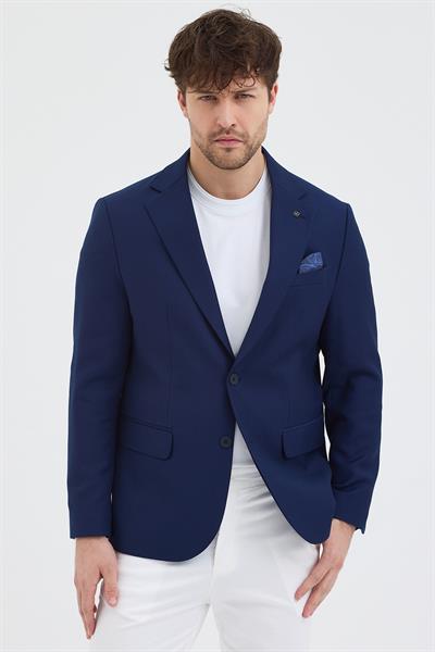 Alux Erkek Lacivert Poliviskon Kumaşlı Esnek Slim Fit Kendinden Mendilli Mono Yaka Spor Blazer Ceket