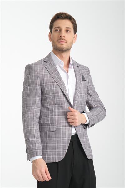 Aradori Erkek Gri Ekose Slim Fit Mono Yaka Spor Blazer Ceket