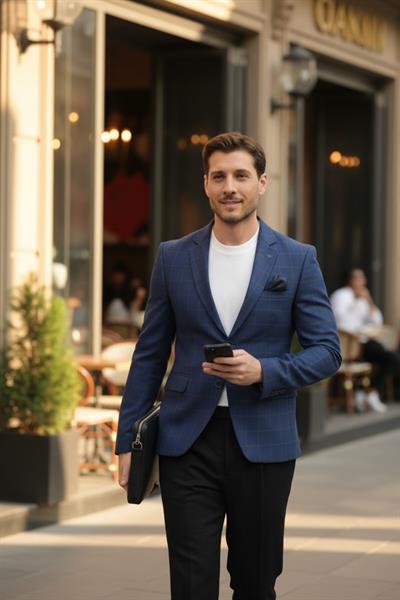 Armando Erkek Lacivert-Bej Ekoseli Slim Fit Dar Kesim Mono Yaka Spor Blazer Ceket