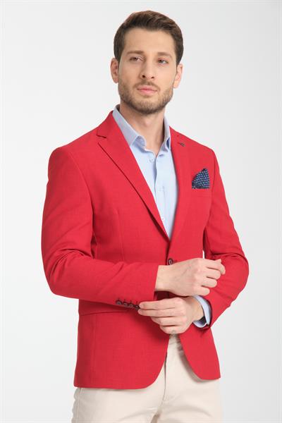 Arunte Erkek Kırmızı Keten Görünümlü Ince Dört Mevsim Giyilebilir Slim Fit Blazer Ceket