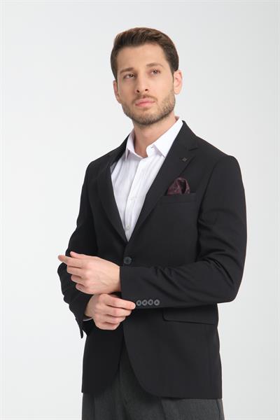 Arunte Erkek Siyah Keten Görünümlü Ince Dört Mevsim Giyilebilir Slim Fit Blazer Ceket
