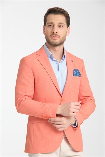 Arunte Erkek Turuncu Keten Görünümlü Ince Dört Mevsim Giyilebilir Slim Fit Blazer Ceket