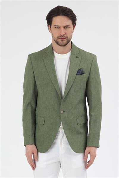 Arunte Erkek Yeşil Keten Görünümlü Ince Dört Mevsim Giyilebilir Slim Fit Blazer Ceket
