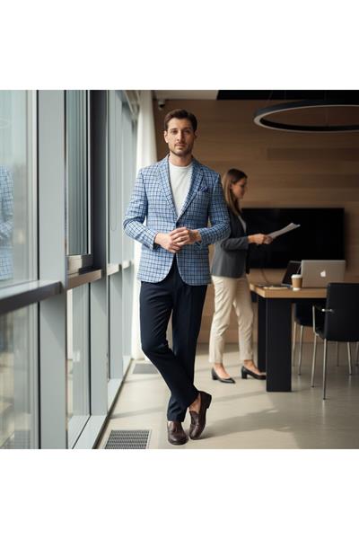 Assente Erkek Lacivert - Mavi Keten Görünümlü Ekose Slim Fit Mono Yaka Spor Blazer Ceket