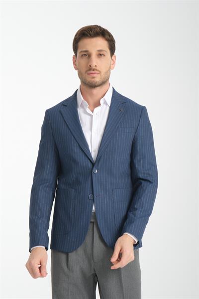 Ateca Erkek Açık Lacivert İnce Çizgili Slim Fit Mono Yaka Yarım Astar Spor Blazer Ceket