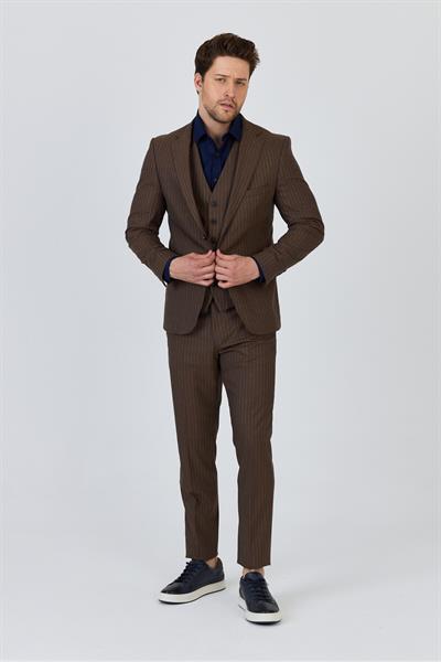 Ateca Erkek Hardal İtalyan Çizgili Ceket+Pantolon+Yelekli Slim Fit Takim Elbise