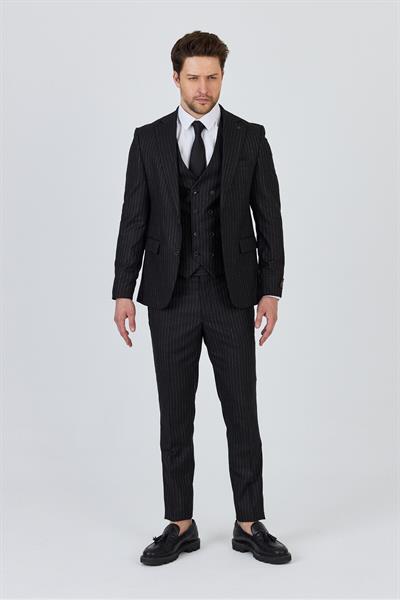 Ateca Erkek Kömür Siyahı İtalyan Çizgili Ceket+Pantolon+Yelekli Slim Fit Takim Elbise