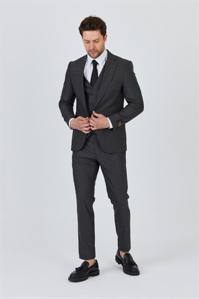 Ateca Erkek Koyu Gri İtalyan Çizgili Ceket+Pantolon+Yelekli Slim Fit Takim Elbise