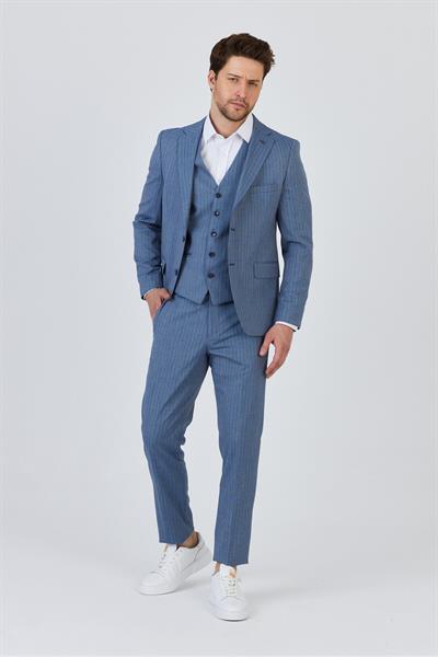 Ateca Erkek Koyu Mavi İtalyan Çizgili Ceket+Pantolon+Yelekli Slim Fit Takim Elbise