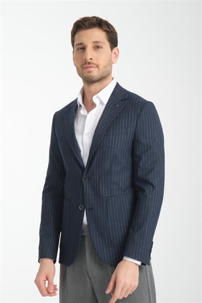 Ateca Erkek Lacivert İnce Çizgili Slim Fit Mono Yaka Yarım Astar Spor Blazer Ceket