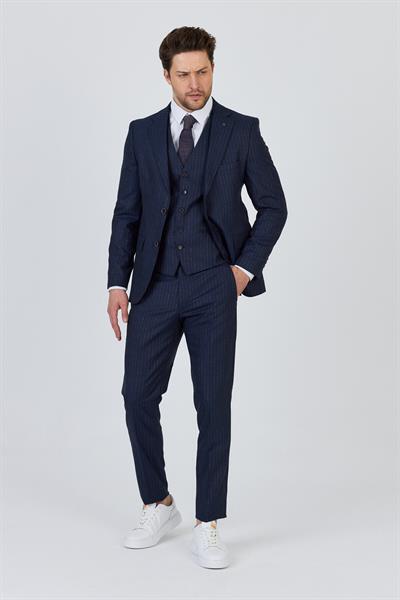 Ateca Erkek Lacivert İtalyan Çizgili Ceket+Pantolon+Yelekli Slim Fit Takim Elbise