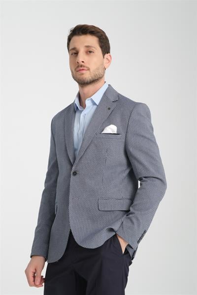 Bacco Erkek Lacivert Mono Yaka Kendinden Desenli Slim Fit Dar Kesim Blazer Ceket
