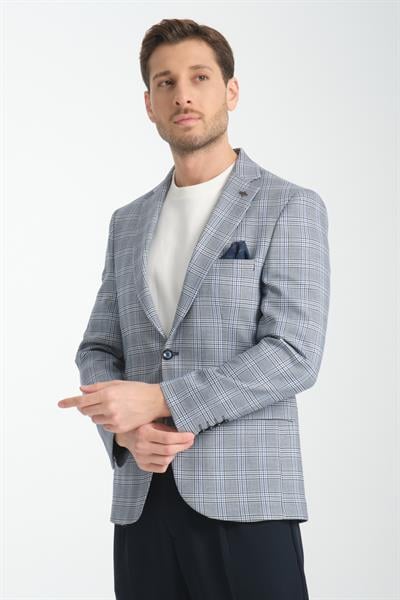Barella Erkek Lacivert Ekose Slim Fit Mono Yaka Spor Blazer Ceket