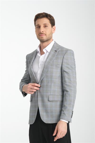 Barella Erkek Siyah Ekose Slim Fit Mono Yaka Spor Blazer Ceket
