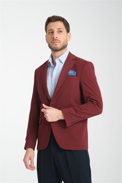 Baselna Erkek Bordo Esneyen Likralı Kumaşlı Tam Astarlı Slim Fit Mono Yaka Dar Kesim Blazer Ceket
