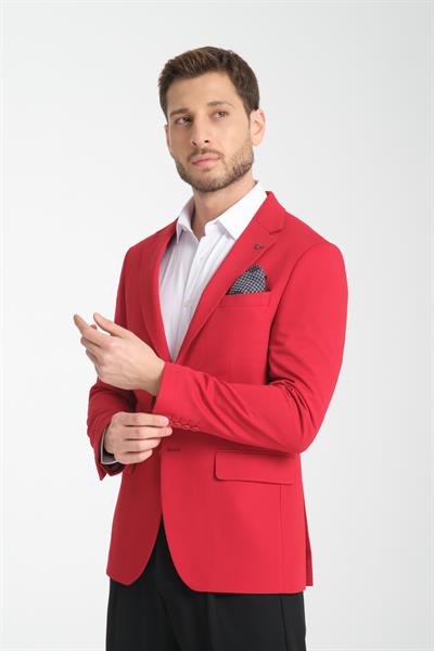 Baselna Erkek Kırmızı Esneyen Likralı Kumaşlı Tam Astarlı Slim Fit Mono Yaka Dar Kesim Blazer Ceket