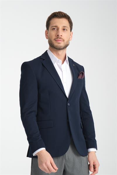 Baselna Erkek Lacivert Esneyen Likralı Kumaşlı Tam Astarlı Slim Fit Mono Yaka Dar Kesim Blazer Ceket