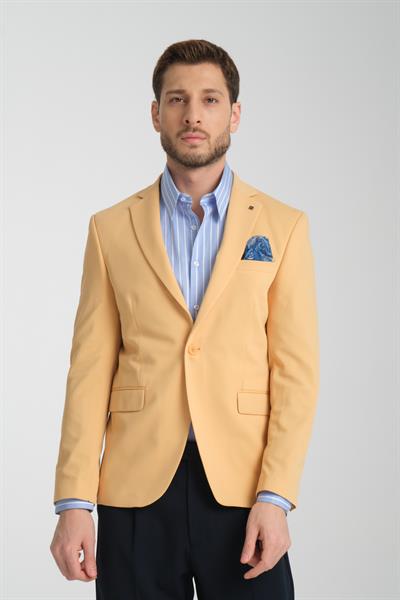 Baselna Erkek Sarı Esneyen Likralı Kumaşlı Tam Astarlı Slim Fit Mono Yaka Dar Kesim Blazer Ceket
