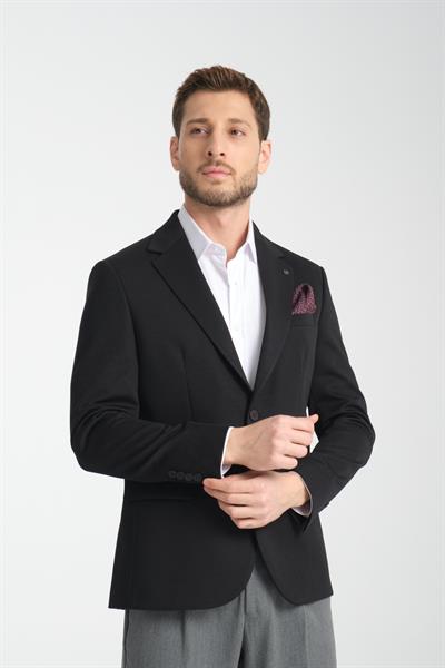 Baselna Erkek Siyah Esneyen Likralı Kumaşlı Tam Astarlı Slim Fit Mono Yaka Dar Kesim Blazer Ceket
