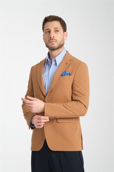 Baselna Erkek Turuncu Esneyen Likralı Kumaşlı Tam Astarlı Slim Fit Mono Yaka Dar Kesim Blazer Ceket