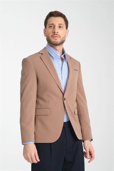 Baselna Erkek Vizon Esneyen Likralı Kumaşlı Tam Astarlı Slim Fit Mono Yaka Dar Kesim Blazer Ceket