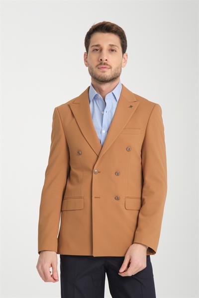 Baselna Krv Erkek Hardal Kruvaze 6 Adet Metal Düğmeli 4 Mevsim Blazer Ceket