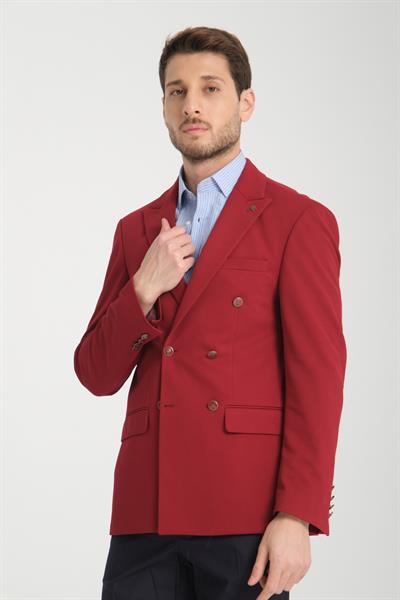 Baselna Krv Erkek Kırmızı Kruvaze 6 Adet Metal Düğmeli 4 Mevsim Blazer Ceket