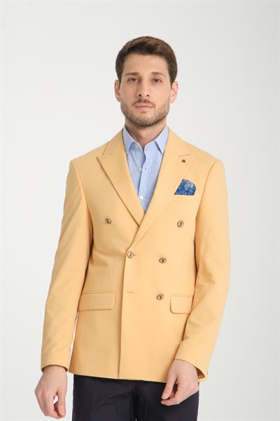 Baselna Krv Erkek Sarı Kruvaze 6 Adet Metal Düğmeli 4 Mevsim Blazer Ceket