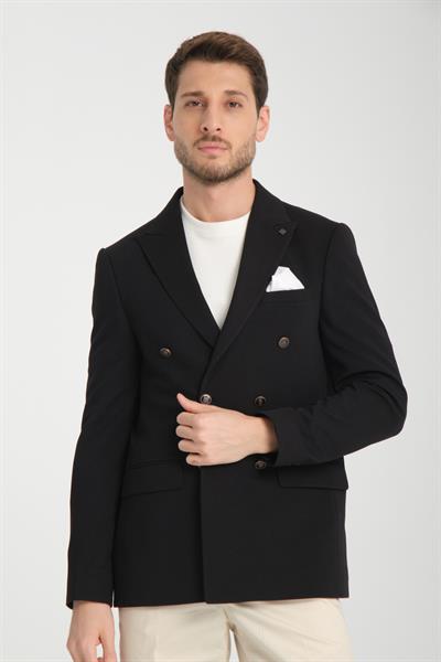 Baselna Krv Erkek Siyah Kruvaze 6 Adet Metal Düğmeli 4 Mevsim Blazer Ceket