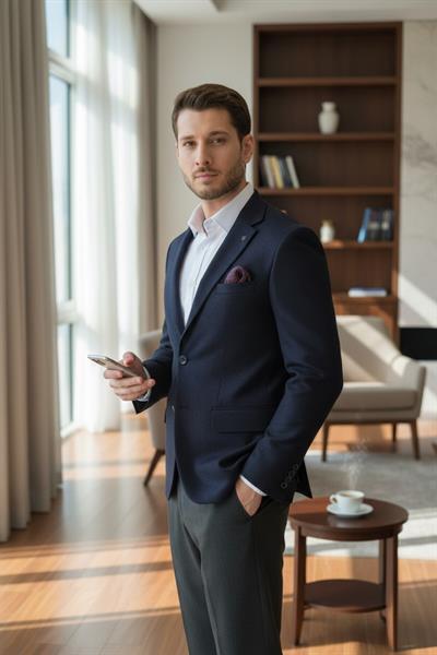 Baselnaa Erkek Koyu Lacivert Battal Büyük Beden Dar Kesim Astarlı Düğmeli Basic Blazer Ceket
