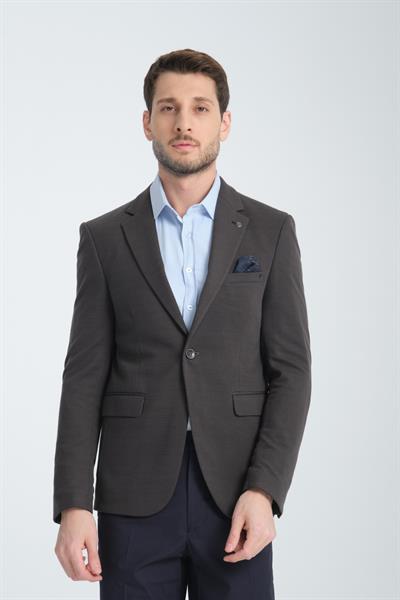 Basure Erkek Koyu Gri Kendinden Desenli Esnek Kumaş Slim Fit Dar Kesim Blazer Ceket