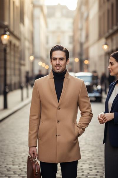 Bergamo Erkek Camel Regular Fit Dik Yaka Kaşe Kaban