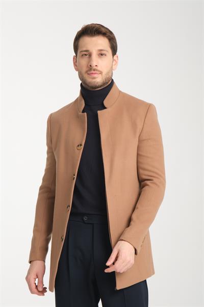 Bergamo Erkek Koyu Camel Düz Regular Fit Dik Yaka Kaşe Kaban