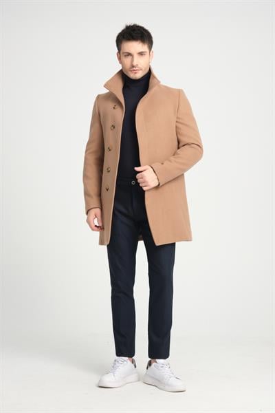 Bergamo Erkek Koyu Camel Kaşe Kaban Şal Yaka Düğmeli Regular Fit