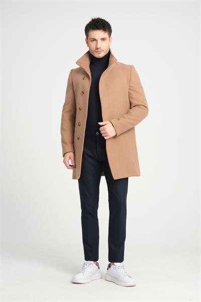 Bergamo Erkek Koyu Camel Kaşe Kaban Şal Yaka Düğmeli Regular Fit