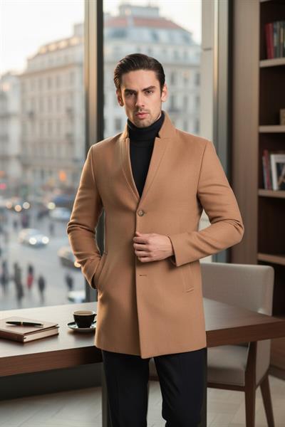 Bergamo Erkek Koyu Camel Regular Fit Dik Yaka Kaşe Kaban